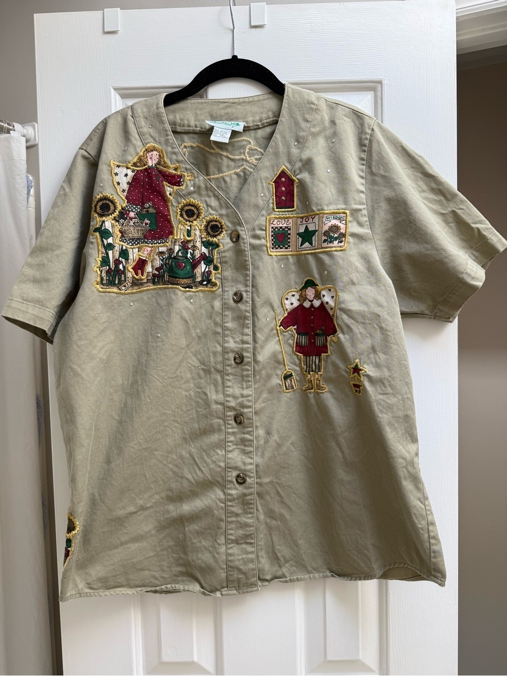 Vintage Quacker Factory Angel Garden Sunflower Applique Rhinestone Top Large